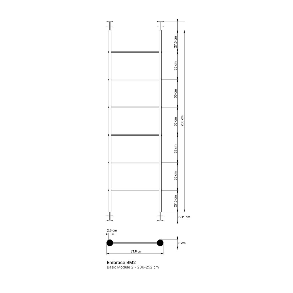 Schemat WoodUpp Embrace BM2 (Basic Module 2) — para smukłych, regulowanych słupów naprężających z kilkoma poziomymi wspornikami półek, z wymiarami: wysokość 236–252 cm, szerokość między słupami 71,6 cm, odstępy półek ~35 cm, średnica słupa 2,8 cm i podkładki 8 cm, do montażu naciskowego.